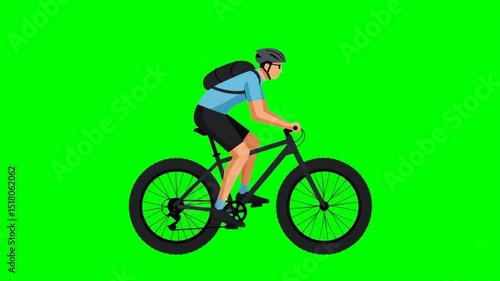  Young man mountain biking with helmet and backpack,  chromakey, footage, mockup, green screen, loop, cartoon style	
