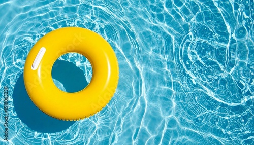 yellow swimming pool ring float in blue water. concept summer background, top view with copyspace