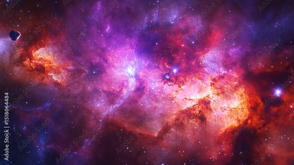 Naklejka premium A glowing purple and red nebula, with asteroids drifting through space.