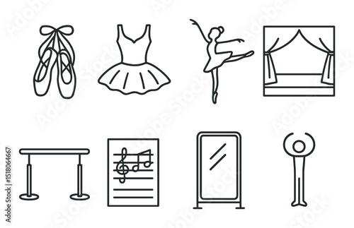 Ballet icon set. dance, pointe shoes, tutu, stage, ballet barre, music, mirror vector icons.