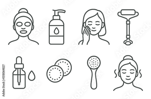 Skincare icon set. spa, beauty, facial, roller, serum, cleanser, massage vector icons.