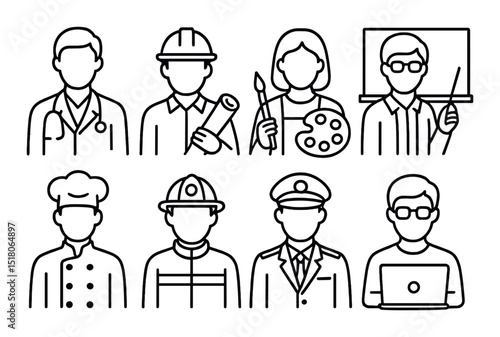 Occupation icon set. professions outline illustrations: doctor, artist, teacher, chef, vector icons.