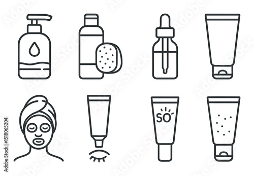 Skincare product set. beauty, hygiene, soap, lotion, dropper, mask, tube, vector icons.