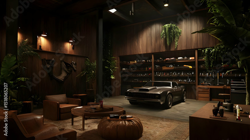 Dark Modern Garage Interior With Classic Car