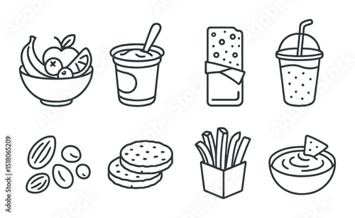Snack food icon set. linear snacks, smoothie, cookie, chips, yogurt vector icons.