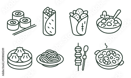 Asian food icon set. asian cuisine line icons. sushi, dim sum, noodles, skewer vector icons.