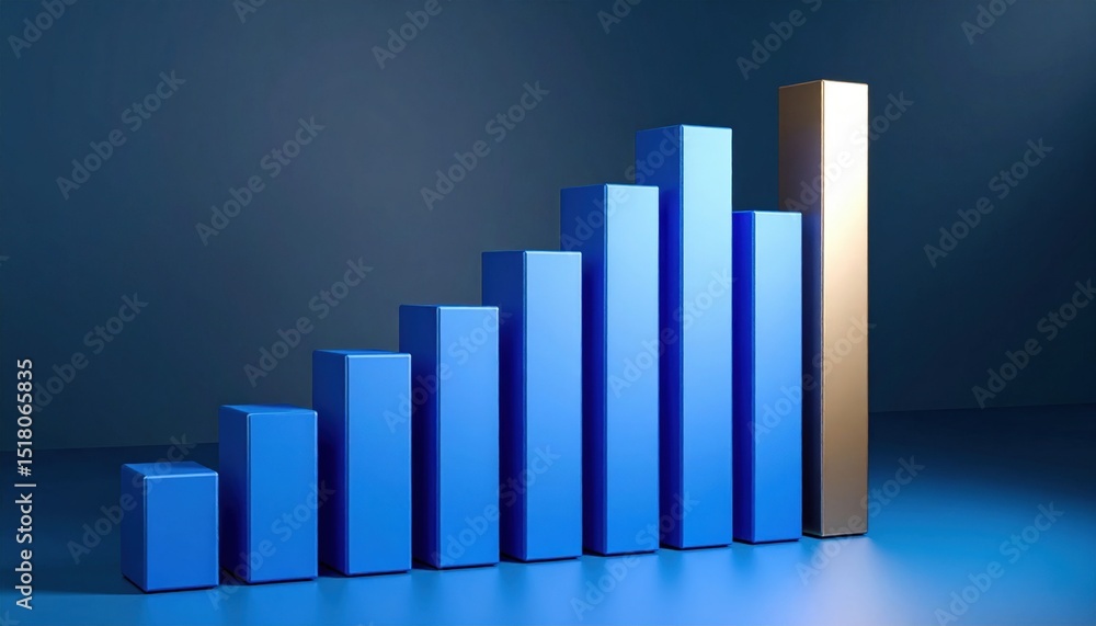 Rising Blue Bar Graph With Gold Exceeding Bar On Dark Background Rising Blue Bar Graph With Gold Exceeding Bar On Dark Background
