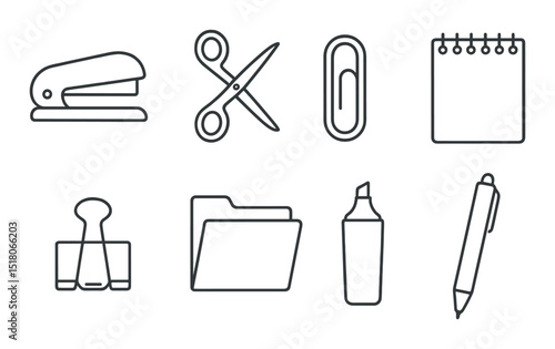 Office supplies icon set. desk essentials silhouette: stapler, scissors, folder, pen vector icons.