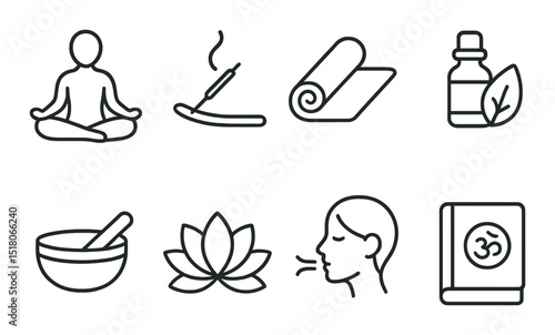 Meditation set. wellness and relaxation linear icons. yoga, incense, lotus, calm, vector icons.