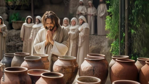  Jesus Christ turning water into wine among followers with many clay jars, showing biblical miracle at Wedding at Cana footage.