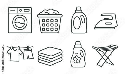 Laundry icon set. household silhouette symbols. washer, basket, iron, detergent vector icons.