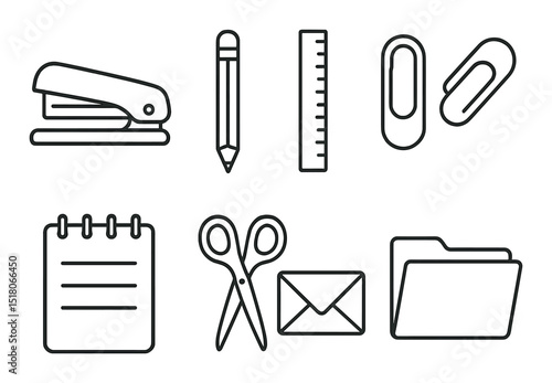 Office supplies set. stationery linear icons: stapler, pencil, ruler, paperclip vector icons.