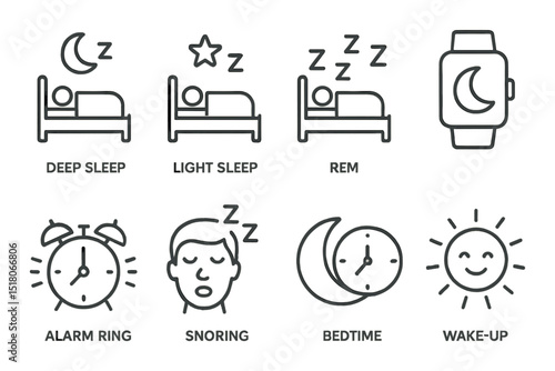 Sleep icon set. bedtime, alarm, snoring, moon, clock, sleep cycle, linear vector icons