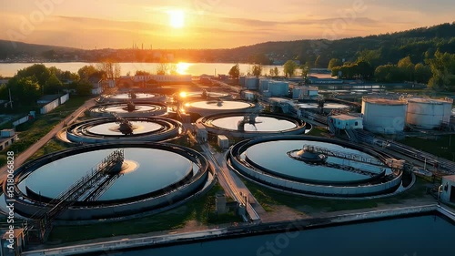Aerial view of a wastewater treatment plant at sunset, showcasing circular tanks and serene landscape
