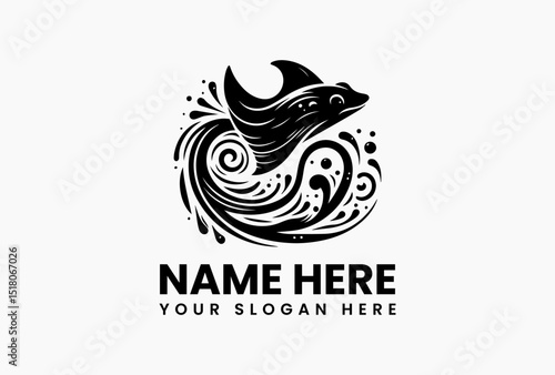 Graceful manta ray tribal vector logo with intricate dotwork and swirling ocean wave motifs  