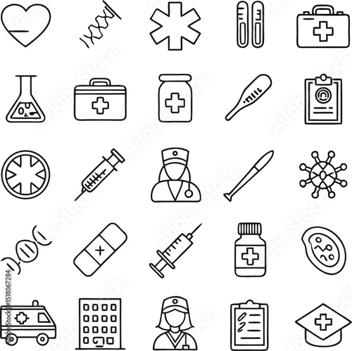 A comprehensive set of medical icons featuring nurse avatars, first aid kits, and medical equipment for healthcare branding