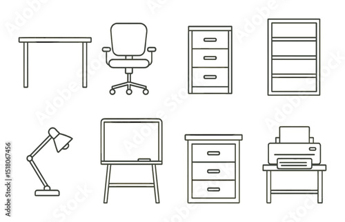 Office furniture set. workspace essentials linear desk, chair, cabinet, lamp vector icons.