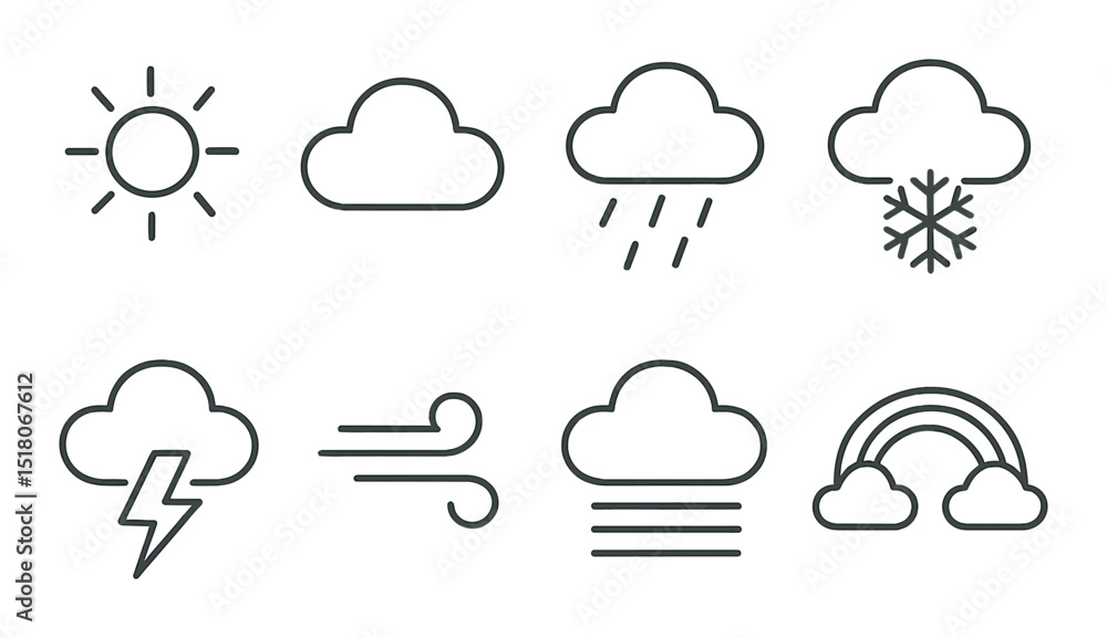 Weather icon set. climate symbols in linear style: sun, cloud, rain, snow, lightning, wind, fog, rainbow vector icons Weather icon set. climate symbols in linear style: sun, cloud, rain, snow, lightning, wind, fog, rainbow vector icons