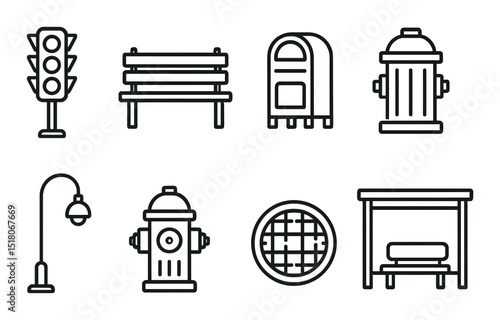 Urban furniture set. cityscape linear elements. bench, hydrant, mailbox, bus stop vector icons.