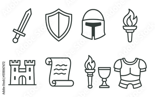 Medieval icon set. knight, shield, sword, castle, torch, armor flat vector icons.