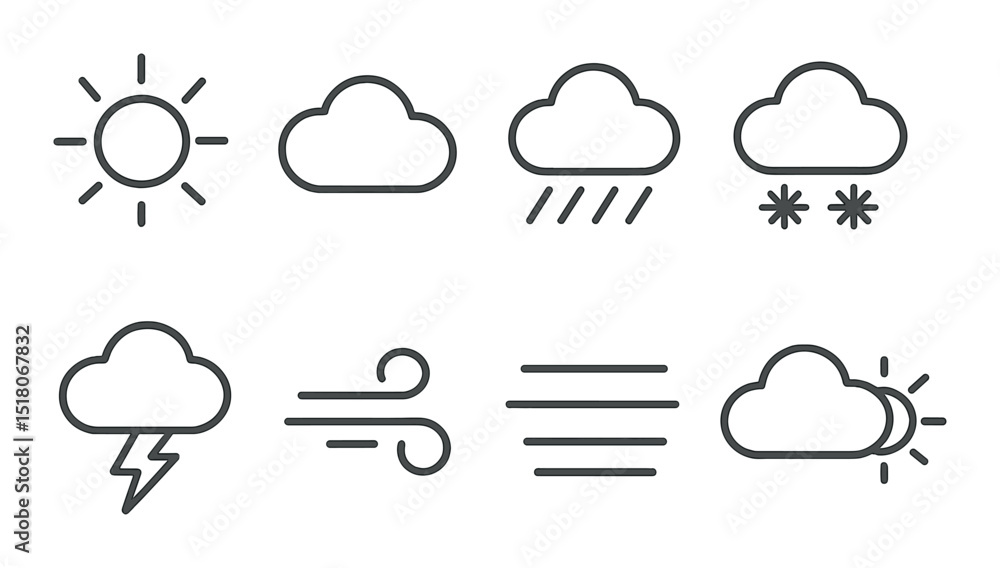 Weather icon set. linear symbols: sun, cloud, rain, snow, wind, lightning, fog, vector icons. Weather icon set. linear symbols: sun, cloud, rain, snow, wind, lightning, fog, vector icons.