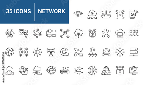 Network Web Icon Set in Line Style. Collection of Information Technology Linear Icons, Including connection, communication, technology, internet, IT, router, signal, wireless and more. Editable Stroke
