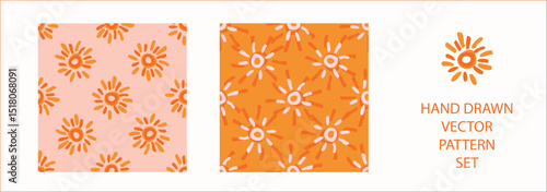 Vibrant fall cloud sunshine seamless nursery pattern set. Naive illustration of summer sky in hand drawn playful style for childrens nursery backdrops, wallpaper. 