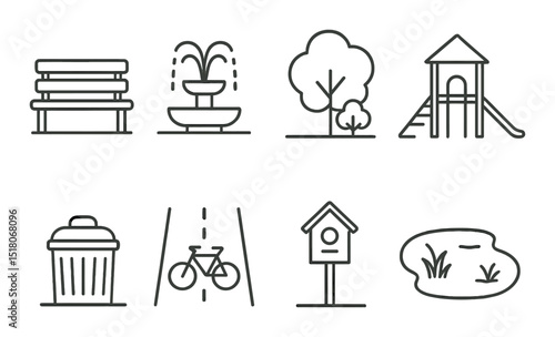 Park elements set. recreational areas linear icons: bench, fountain, tree, playground, vector icons.