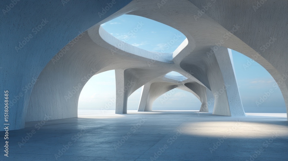 Obraz premium 3D render of abstract futuristic architecture with empty concrete floor, ideal for a dynamic and modern car presentation setup