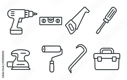 Tool set. construction and repair linear tools. drill, saw, screwdriver, toolbox vector icons.