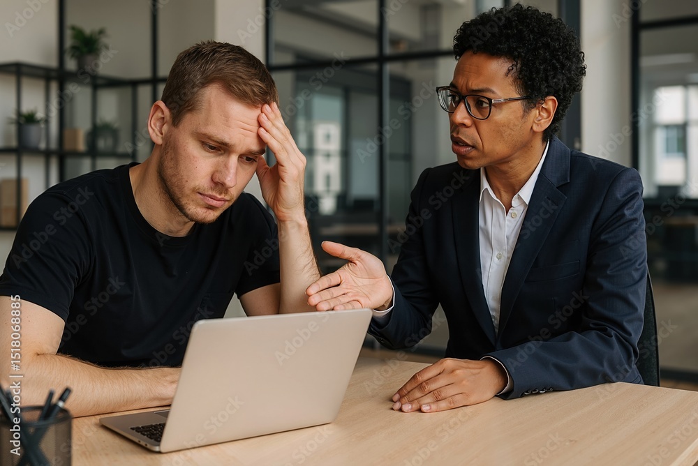 Fototapeta premium man seeking help from a consultant as he struggles with stress while working on a laptop in a modern office environment during a difficult business situation