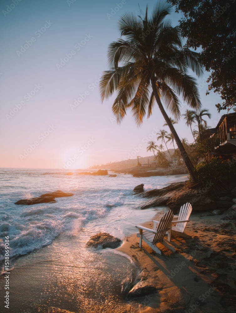 Naklejka premium Affordable Summer Vacation Ideas. Peaceful beach scene with palm tree and two wooden chairs at sunset, ocean shore background, concept of tropical relaxation.