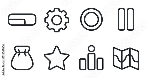 Media control set. audio player silhouette play, gear, pause, map, star vector icons