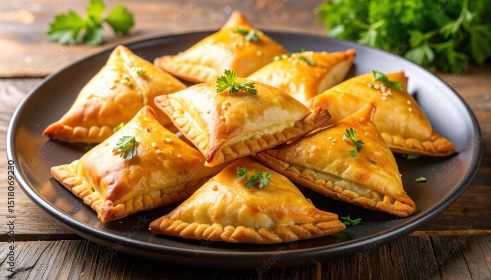 Golden Brown Triangle Pastries On Dark Plate Golden Brown Triangle Pastries On Dark Plate