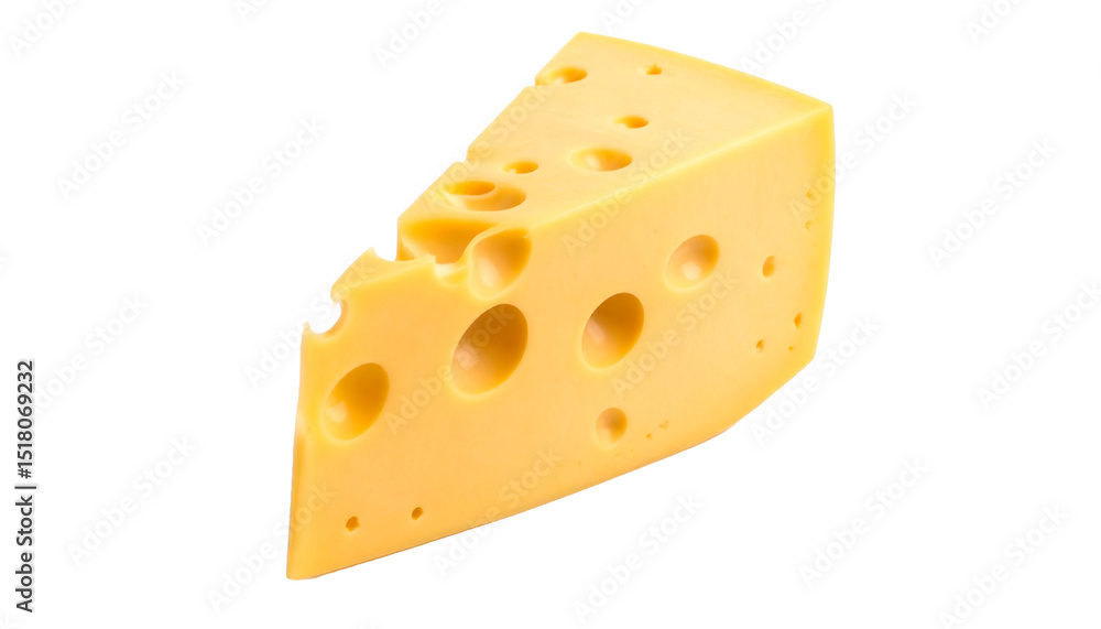 A triangular cheese with several holes has a piece that was bitten off A triangular cheese with several holes has a piece that was bitten off