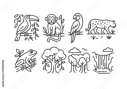 Jungle animal set. wildlife linear collection. toucan, monkey, parrot, jaguar, frog vector icons.