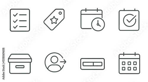 Office icon set. daily task, calendar, tag, user, box, linear icons. task, clock, event vector icons
