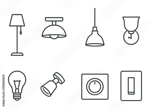 Lamp lighting set. indoor fixture silhouette lamps. bulb, switch, light vector icons.