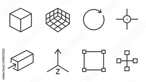 3d shape set. geometric tools linear icons. cube, grid, rotate, axis, target vector icons.