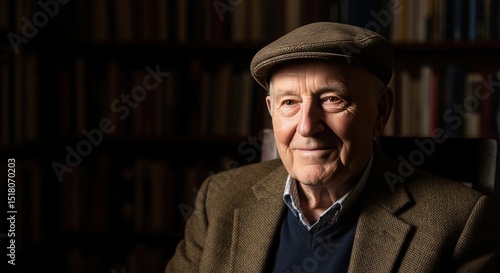 Portrait of elderly man in tweed jacket and cap with bookshelf background looking at camera with smile