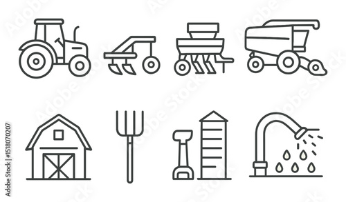 Farm equipment set: agriculture linear tools, tractor, plow, barn, silo, harvester vector icons