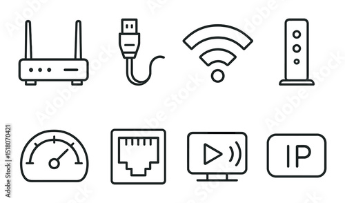 Network device set. internet connection silhouette router, wi-fi, cable, modem vector icons.
