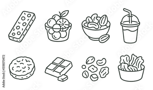 Snack set. delicious food silhouette nuts, fruit, bar, smoothie, chips vector icons.
