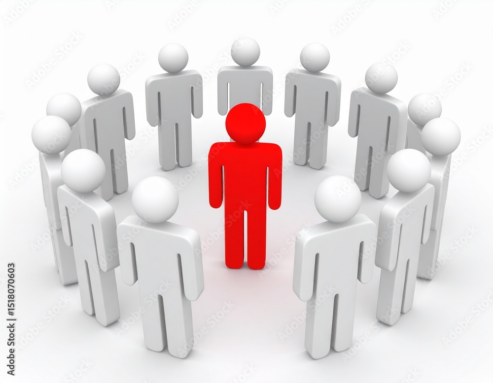 An individual stands out from the group, symbolizing leadership and uniqueness. The red figure surrounded by gray figures signifies the importance of individuality An individual stands out from the group, symbolizing leadership and uniqueness. The red figure surrounded by gray figures signifies the importance of individuality