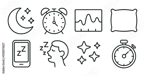 Sleep icon set. nighttime linear symbols: moon, alarm, waveform, pillow, sleep, stopwatch vector icons.