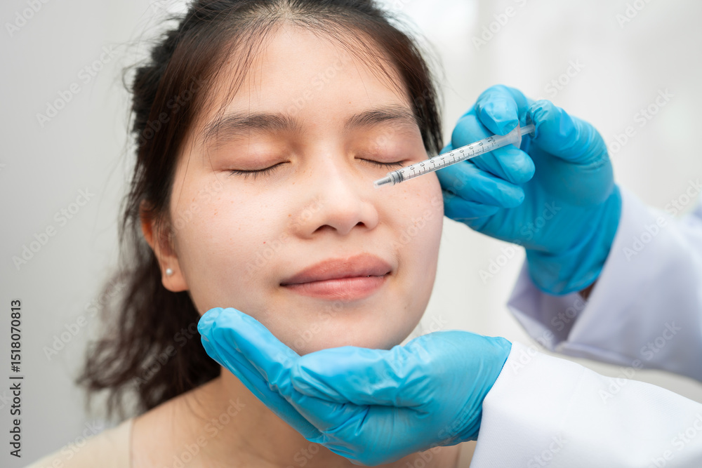 Asian woman receiving filler beauty injection. Asian woman receiving filler beauty injection.