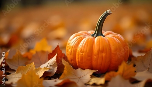 A vibrant orange pumpkin surrounded by autumn leaves in the golden hour sunlight