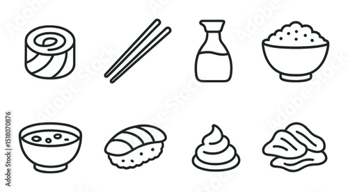 Sushi food set. japanese cuisine linear icons. sushi, chopsticks, soy sauce, rice, miso vector icons.