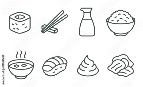 Sushi food set. japanese cuisine flat icons. sushi, rice, chopsticks, soy, miso, wasabi vector icons.