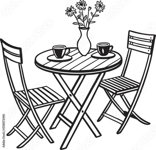 Wooden table and chairs in a garden, comfortable outdoor furniture design